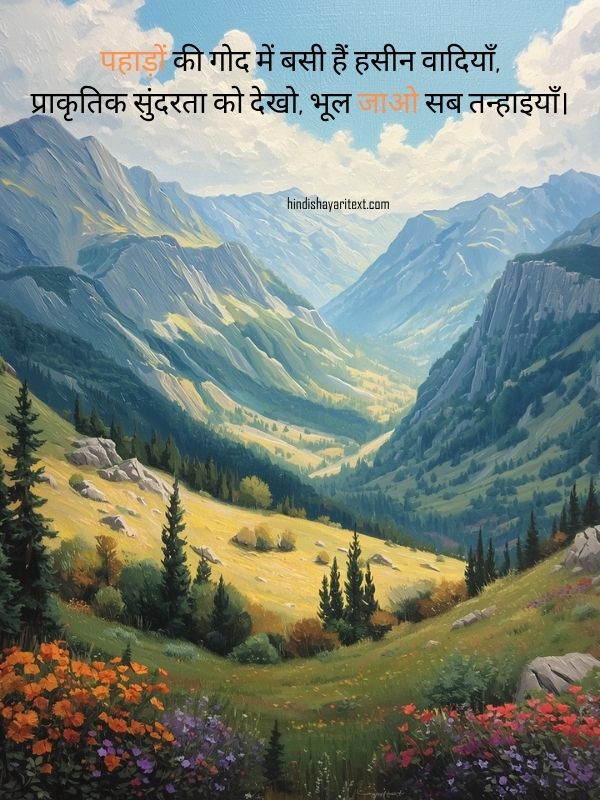 Beautiful nature shayari in Hindi for Instagram with scenic mountains, greenery, and poetic Hindi quotes about nature beauty